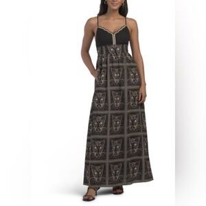 NWT Aylaya Elegant Black and Brown leopard print linen blend Maxi Dress - S